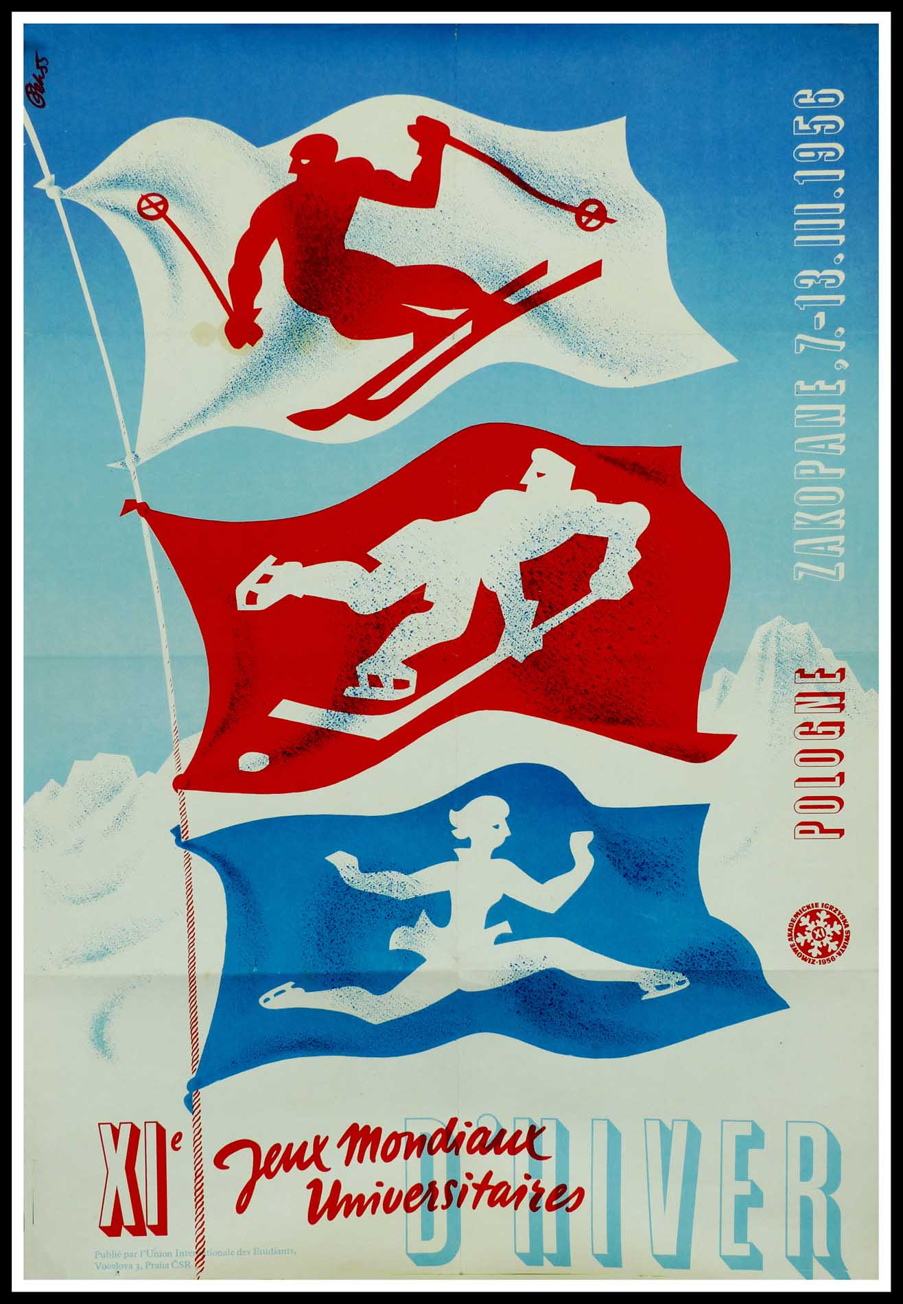 (alt="Original vintage poster, XI World University Winter Games in Poland - 1956 signed in the plate by Pek55 and printed by : L'UIE")