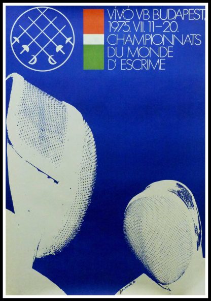 (alt="Original vintage poster World Fencing Championships in Hungary, 1975 signed in the plate by Benczgir and printed by Tabor Itsvan")