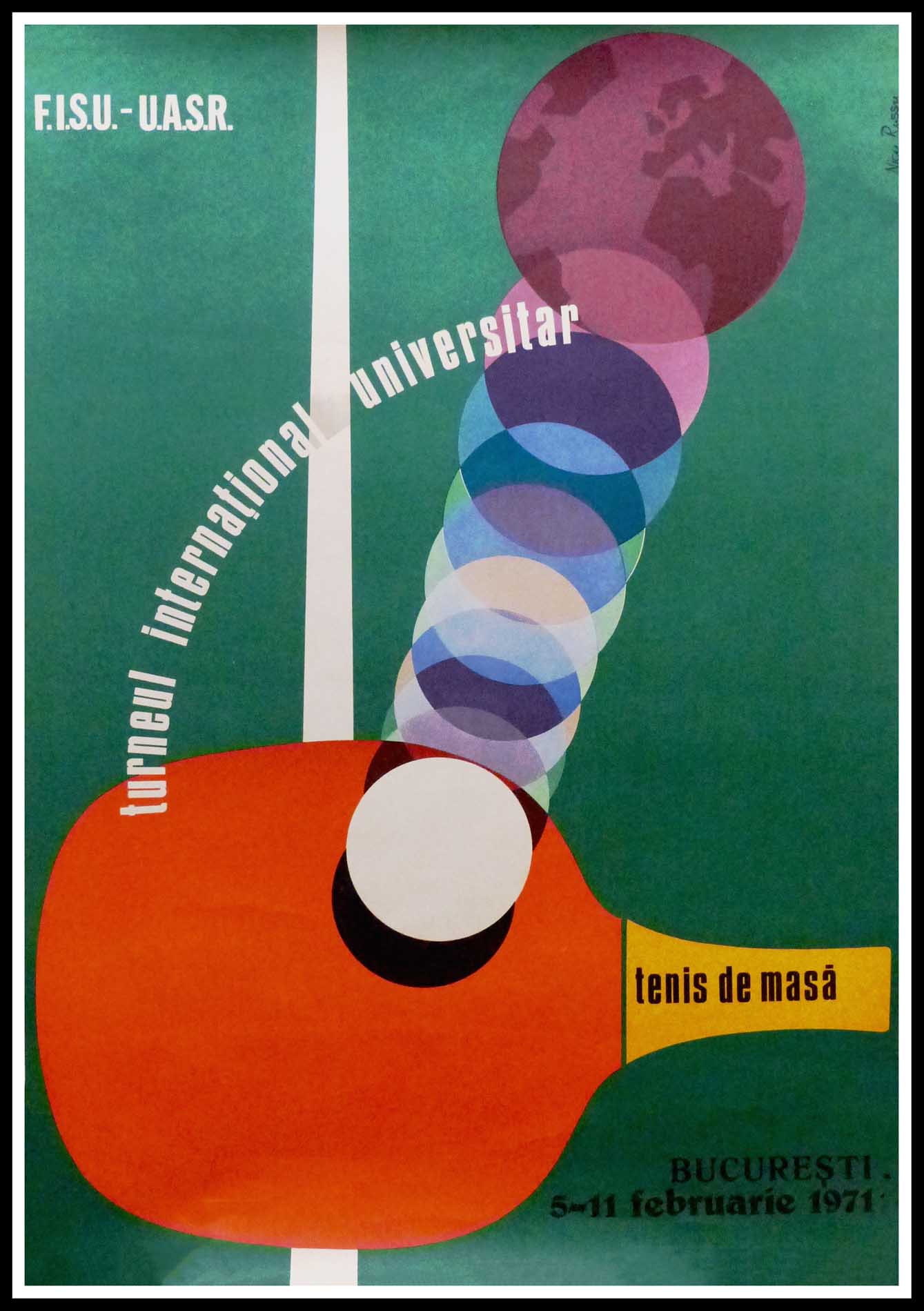 (alt="Affiche ancienne originale Tournoi international universitaire de tennis de table en Roumanie 1959 signée par N. Russu, imprimeur : inconnu")