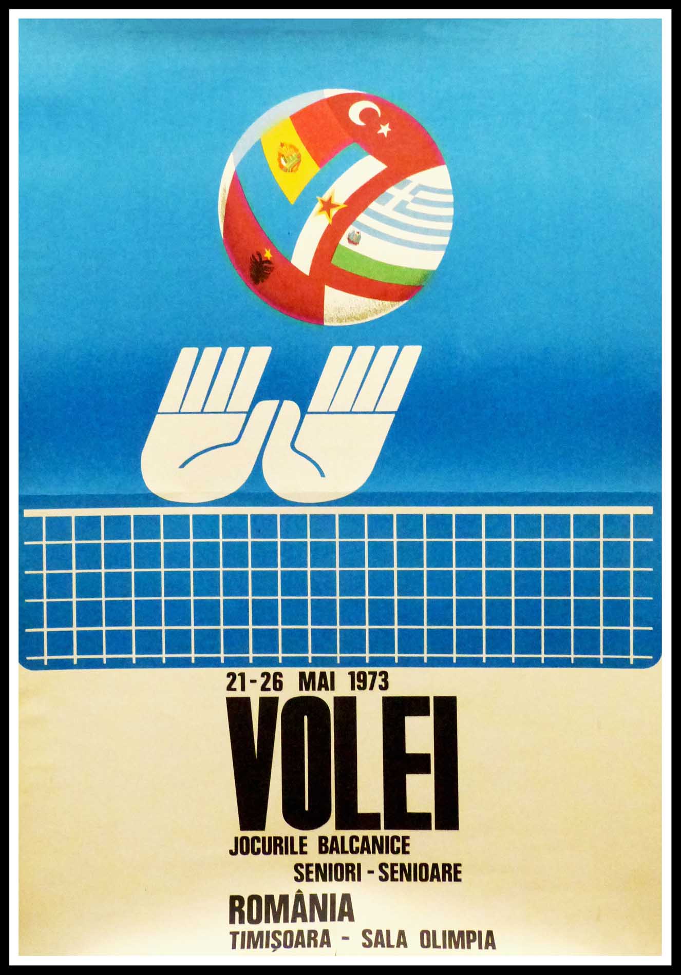 (alt="Affiche originale de sport - Championnats des Balkans de Volleyball en Romania - 1973, réalisation et impression : inconnue")