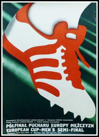 (alt=Affiche originale de sport, Coupe masculine Européenne d'athlétisme en Pologne, 1977 réalisée par Katw et imprimée par Prasa Kiaszka")