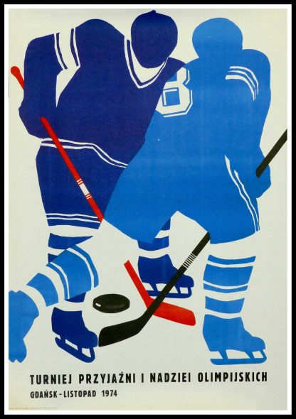 (alt="Affiche originale Tournoi Olympique de hockey sur glace en Pologne, 1974 signée dans la planche par Nowrsislei et imprimée par RZE")