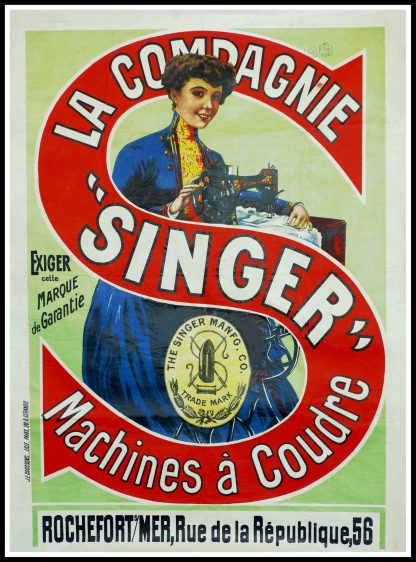 (alt="Original vintage advertising poster La Compagnie "Singer" Machine à coudre circa 1905, and printed by J.E Goosens, Lille")