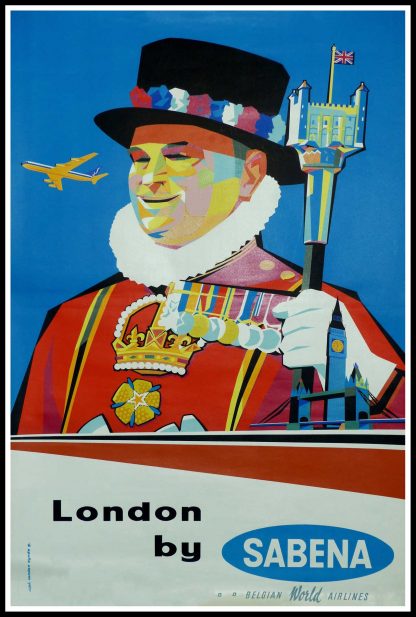 (alt="Original vintage travel poster London by SABENA, Belgian world airlines , circa 1950 signed in the plate by VANDEN EYNDE and printed by Linsmô")