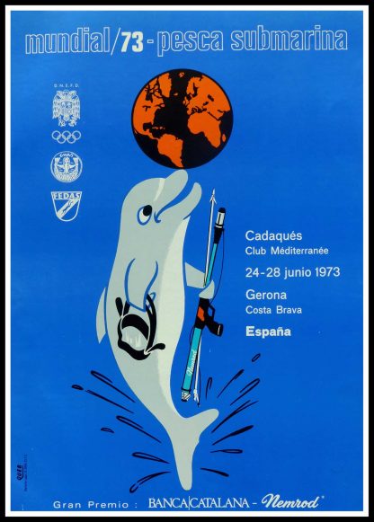 (alt="Original vintage poster, World Underwater Hunting Championship, 1973 unknown artist and printed in Catalan by QUEB")