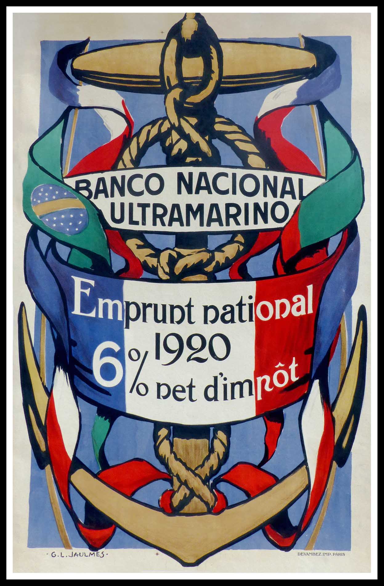 (alt="Original vintage bond war poster Banco Nacional Ultramarino - emprunt National- 1912 realised by JAULMES and printed by Devambez, Paris")