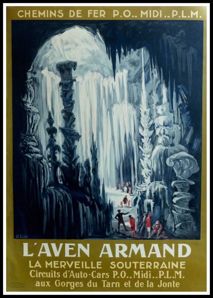 (alt="Original vintage travel poster L'aven Armand car circuit, 1930 signed in the plate by C.L.Eiffel and printed by Lucien Serre, Paris")