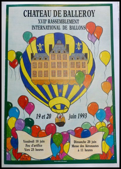 (alt="Affiche originale - XVII Rassemblement International de Ballons au Chateau De Balleroy 1993, réalisée par LEPRIEUR et imprimée par SP")