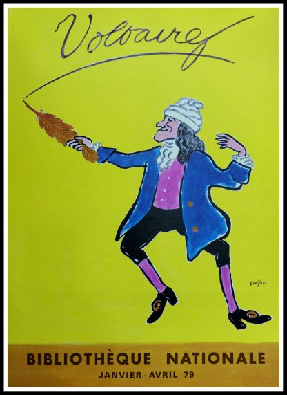 (alt="Affiche ancienne originale - Voltaire, 1978 signée dans la planche par R. Savignac pour la Bibliothèque Nationale et impression inconnu")
