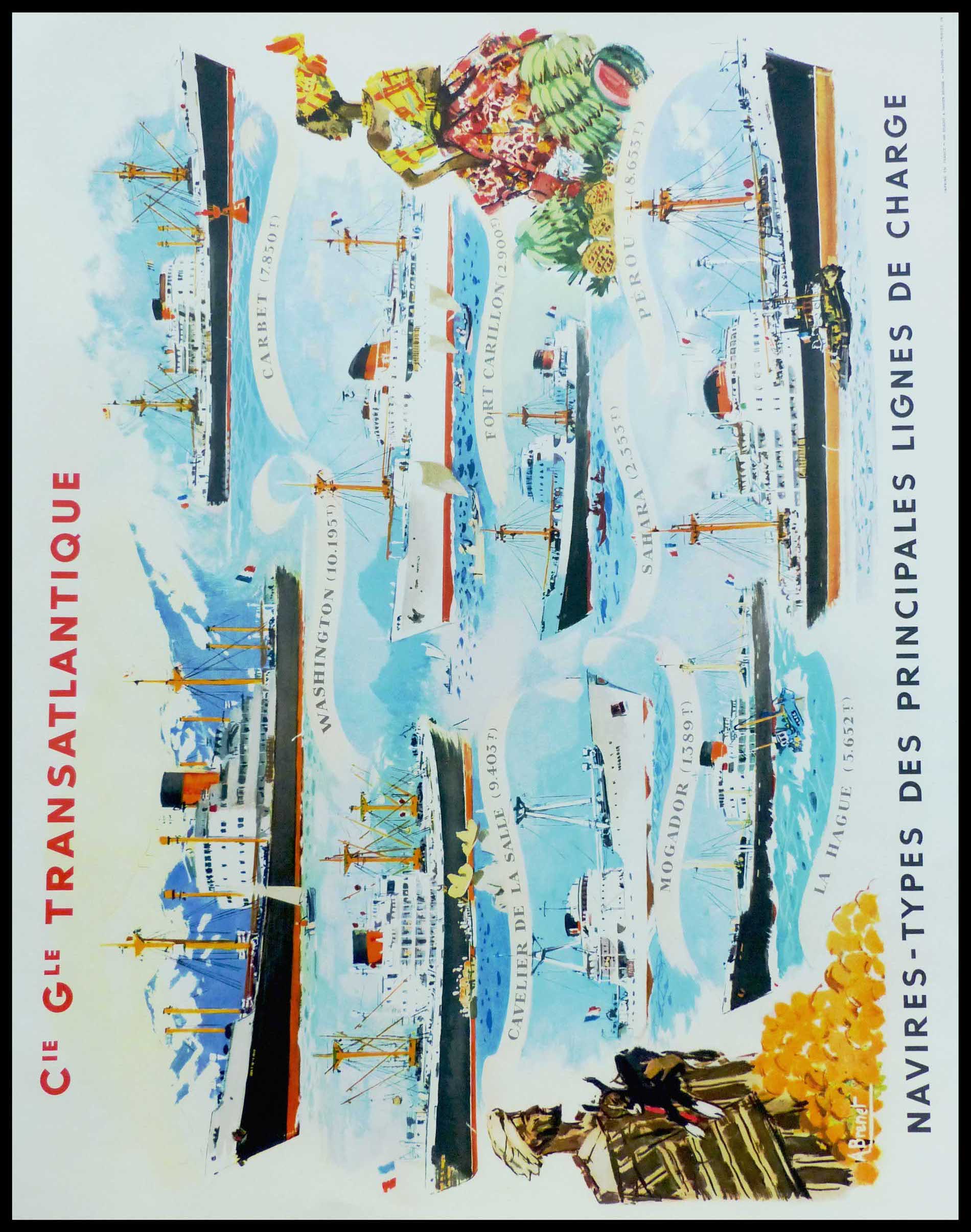 (alt=Affiche ancienne de voyage, Cie Gle Transatlantique, 1950. Réalisée par A.Brenet et imprimée par Beuchet & Vanden Brugge")