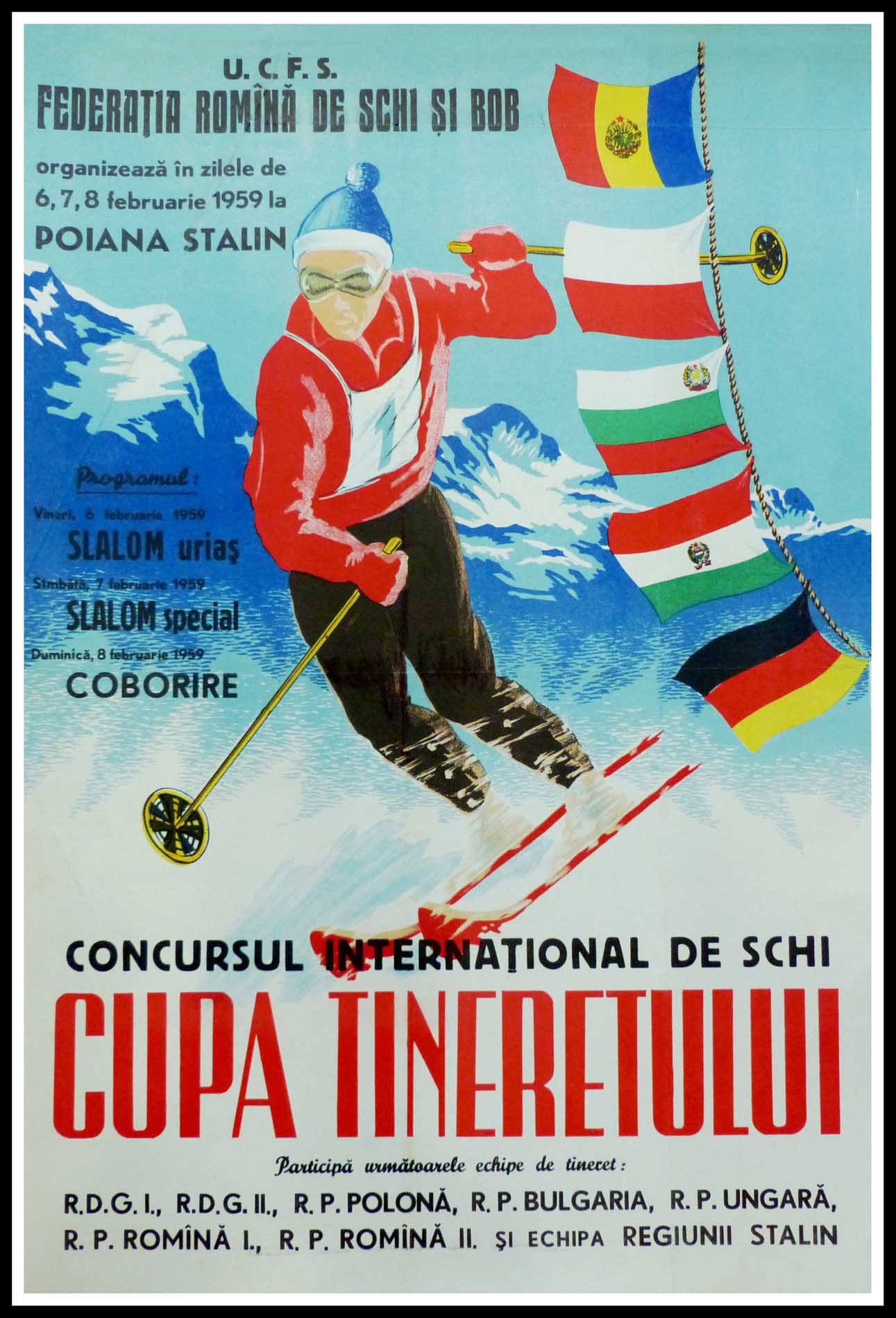 (alt="Original vintage poster, International Ski Competition in Romania 1959, printed by FSI and there is no signature")