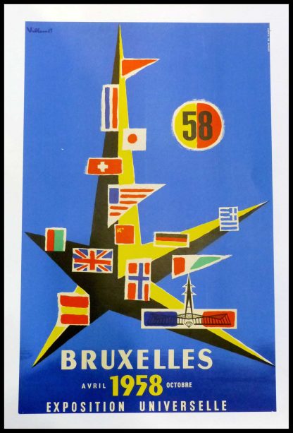 (alt="Original vintage poster Brussels World's Fair 1958, signed in the plate by Villemot and printer is unkown")