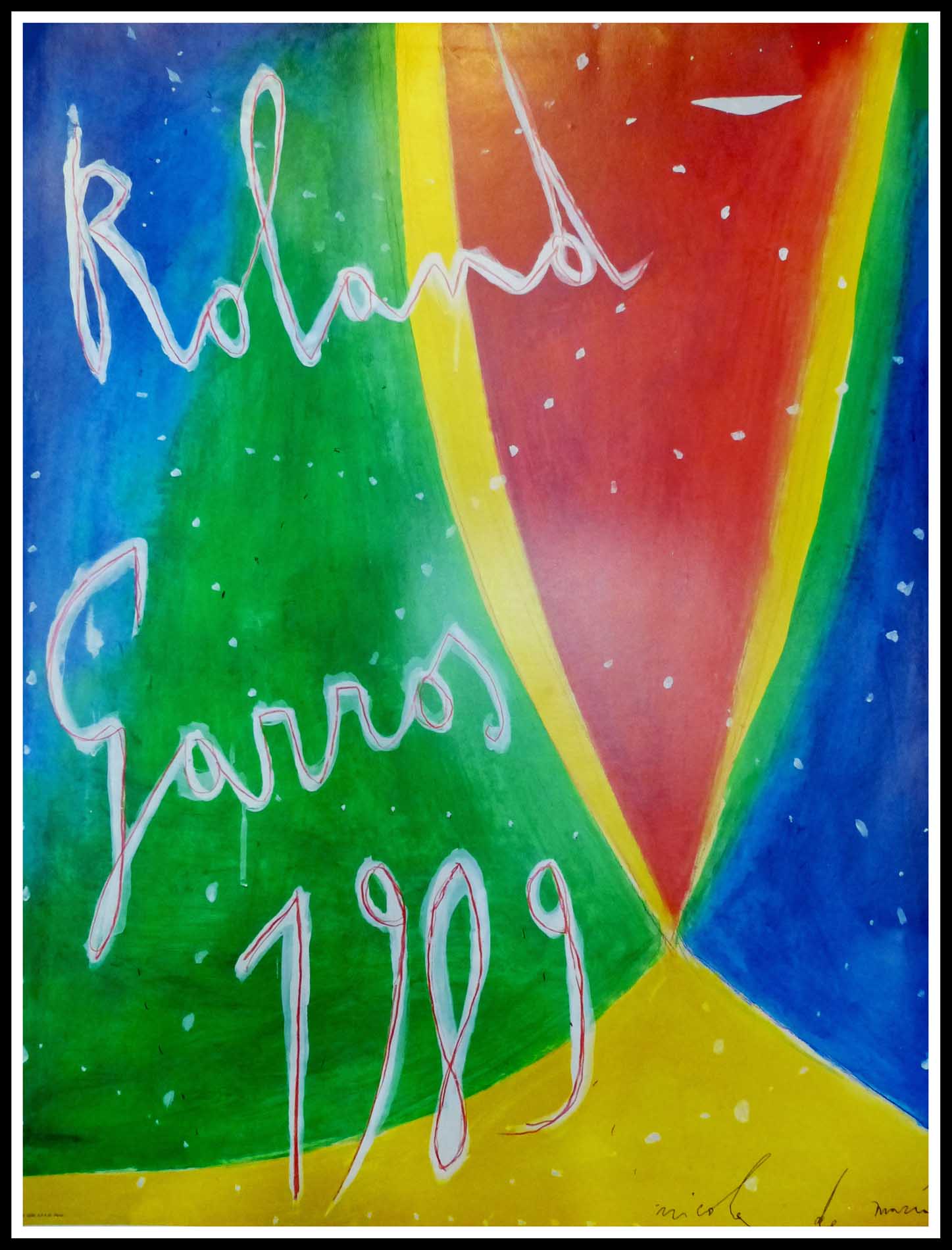(alt="Original vintage sport poster, Roland Garros 1989 signed in the plate by Nicola de Maria and printed by FFT")
