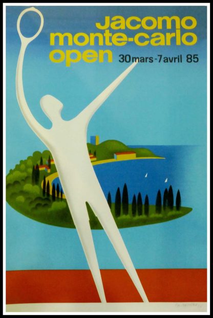 (alt="Affiche ancienne de sport, Jacomo Monte Carlo Open - Monaco Open Tennis, 1985 signée au crayon par Fix Masseau et imprimée par IPA")