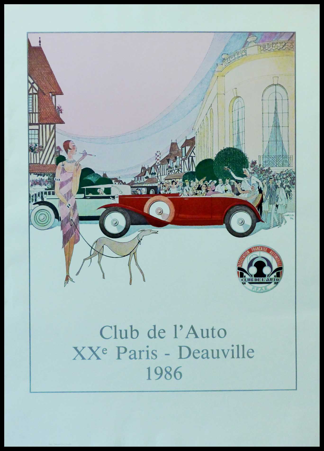 (alt="Original vintage car poster Club de l'Auto XXth Paris Paris Deauville 1986 realised by Marcus and printed on Velin d'Arches paper by Arte")