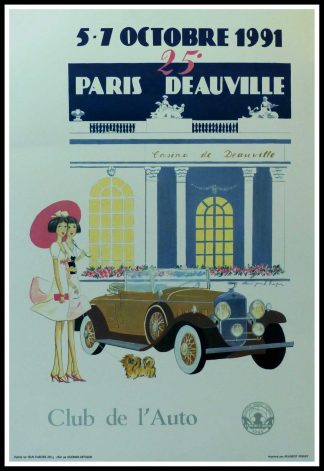 (alt="Original vintage car poster 25th Paris-Deauville 1991 Club de l'Auto signed in the plate by D.P.Noyer and printed on Velin d'Arches paper by Peugeot Poissy")