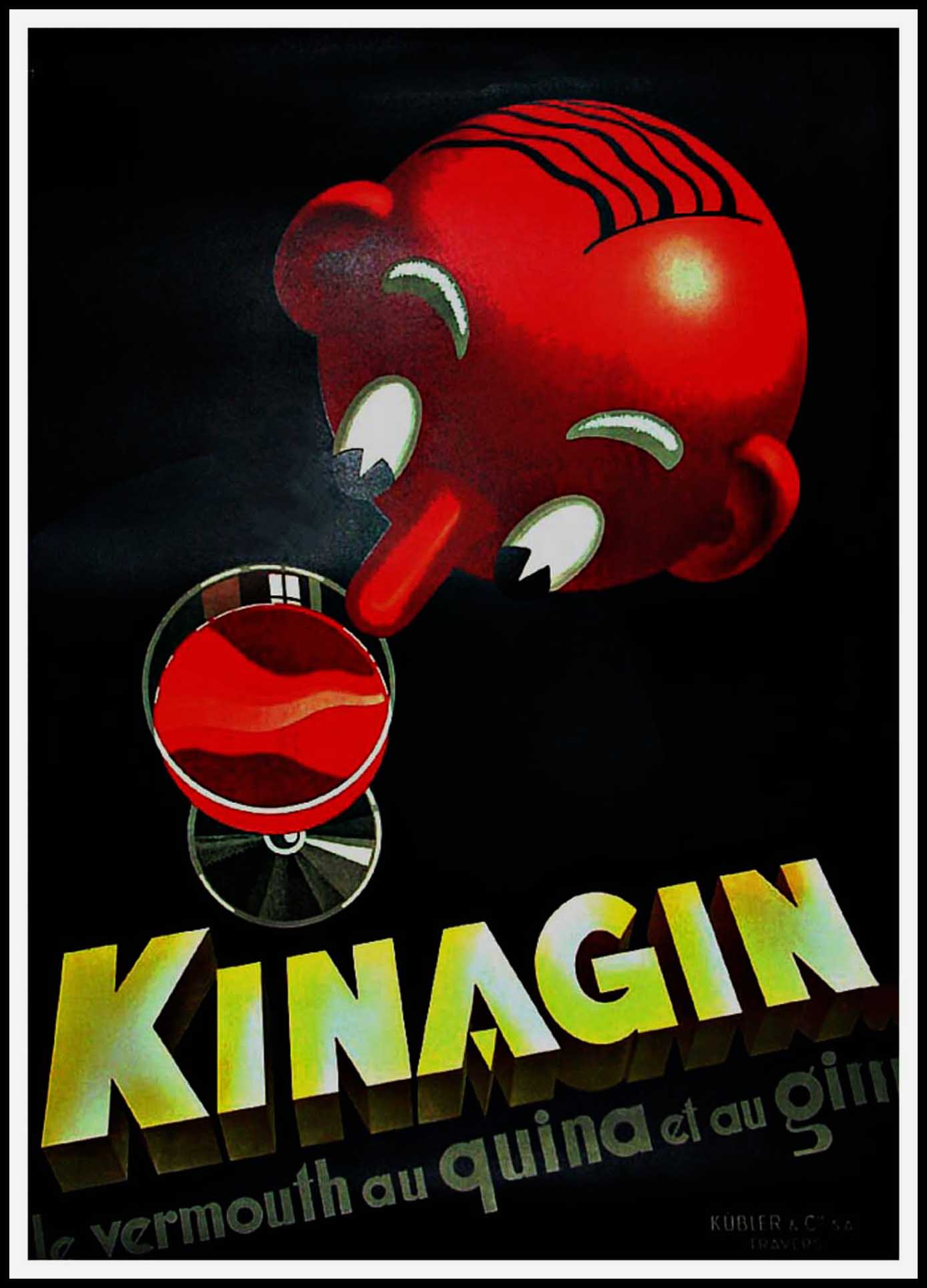 (alt="original vintage drink poster, KINAGIN, art deco, E. PATKEVITCH, signed in the plate printed by LAUSANNE")