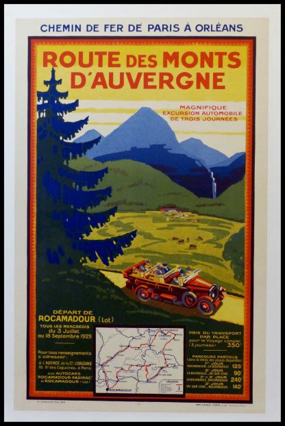 (alt="original vintage travel poster, chemin de Fer de Paris à Orléans, Route des Monts d'Auvergne, printed by CHAIX 1929")
