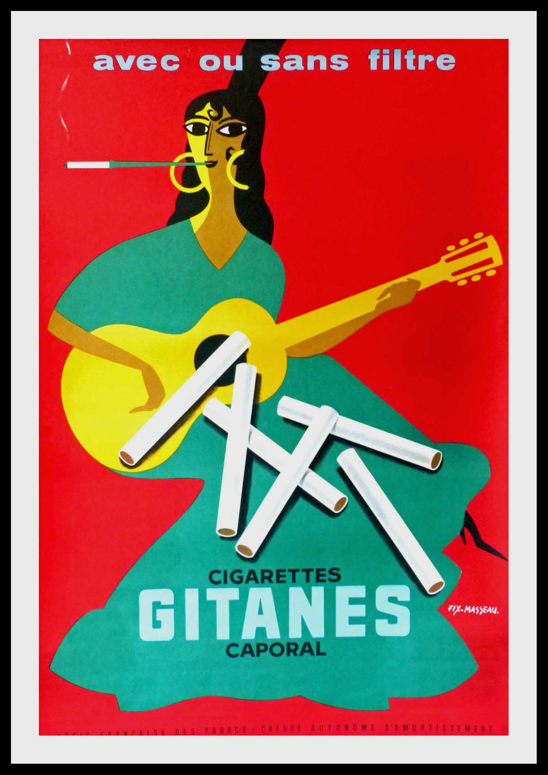 (alt="original vintage advertising poster, cigarettes gitanes caporal, FIX MASSEAU signed in the plate printed by COURBET 1957")