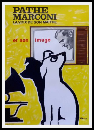 (alt="original vintage advertising poster, PATHE MARCONI, signed in the plate VILLEMOT printed by AUSSEL PARIS, 1958")