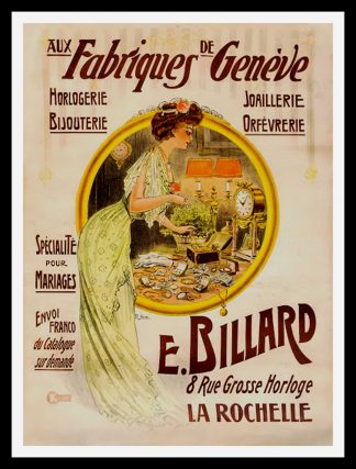 (alt="original vintage advertising poster, Aux Fabriques de GENEVE, jewelry, signed in the plate Raoul Edward HEM, 1895, printed by KOSSUTH PARIS")