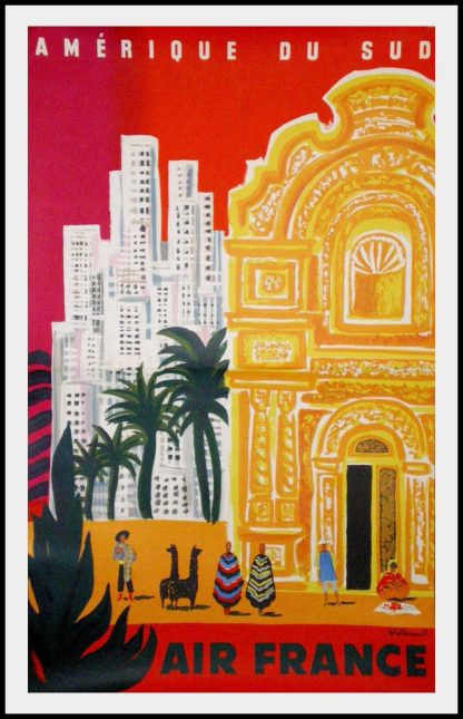 (alt="original vintage travel poster, Air France South of America, Bernard VILLEMOT, signed in the plate 1968 printed by Courbet, RARE")