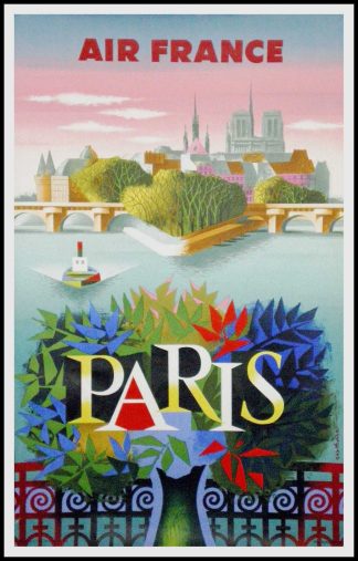 (alt="original vintage travel poster, Air France Paris Notre Dame, Nathan signed in the plate and printed by Courbet 1957")