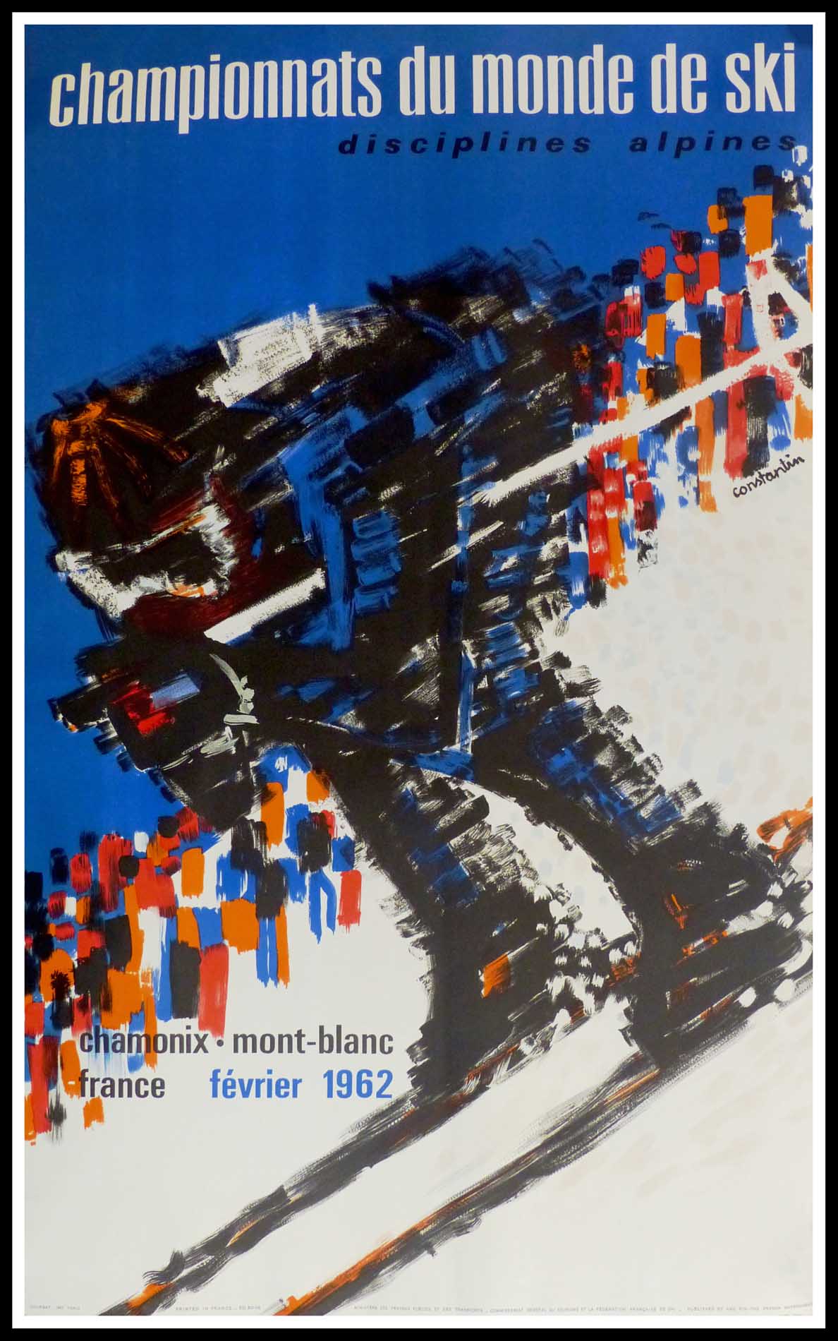 (alt="original vintage poster winter sport, World Ski Championship CHAMONIX Mont Blanc, signed in the plate CONSTANTIN printed by Courbet, 1962")