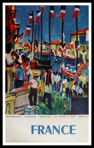 (alt="affiche ancienne originale de voyage FRANCE Méditerranée Les joutes de Sète Languedoc 100 x 62 cm Desnoyer circa 1950")