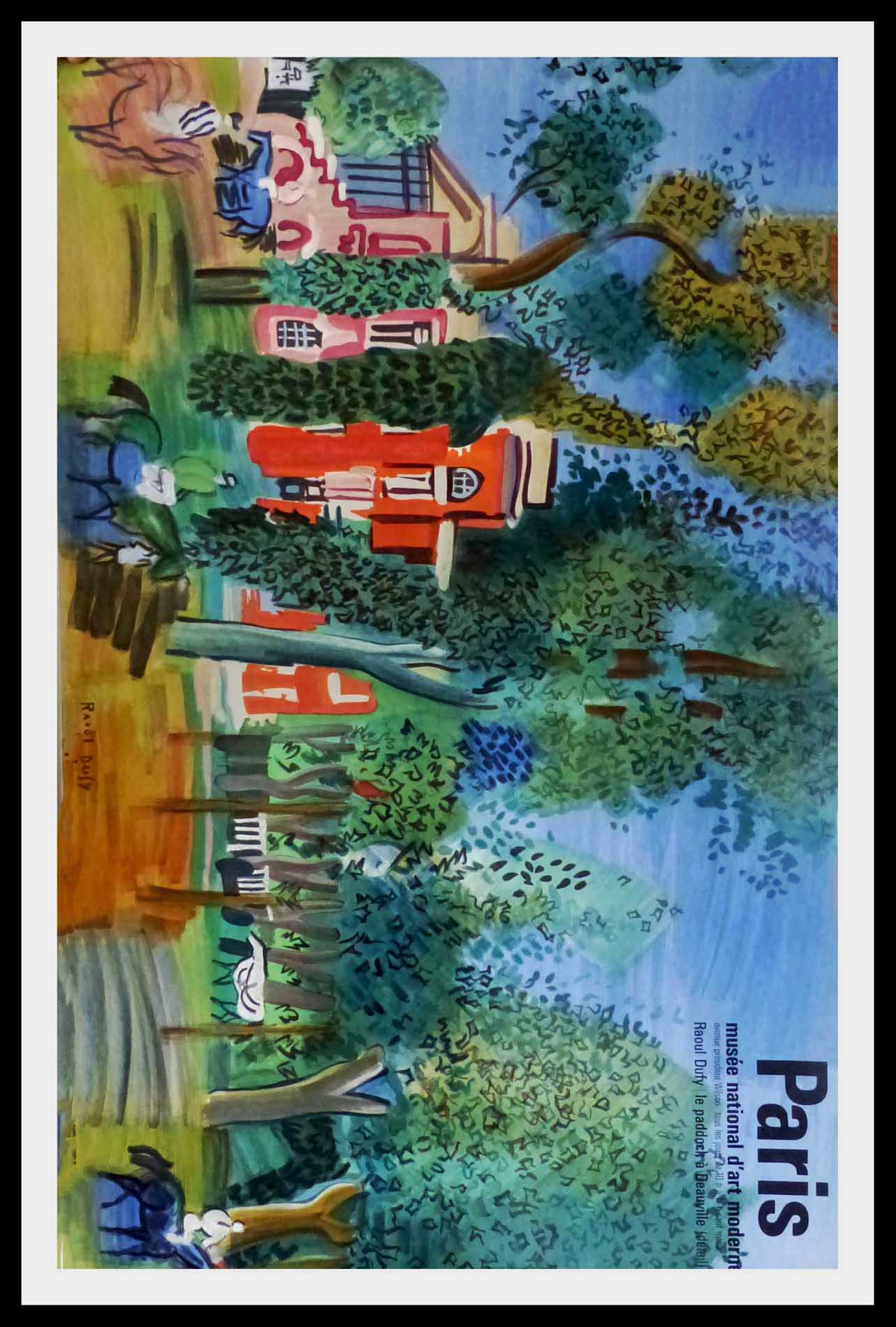 (alt="original vintage travel poster, le paddock at Deauville, Raoul DUFY signed in the plate, printed by Mourlot Paris, 1960")