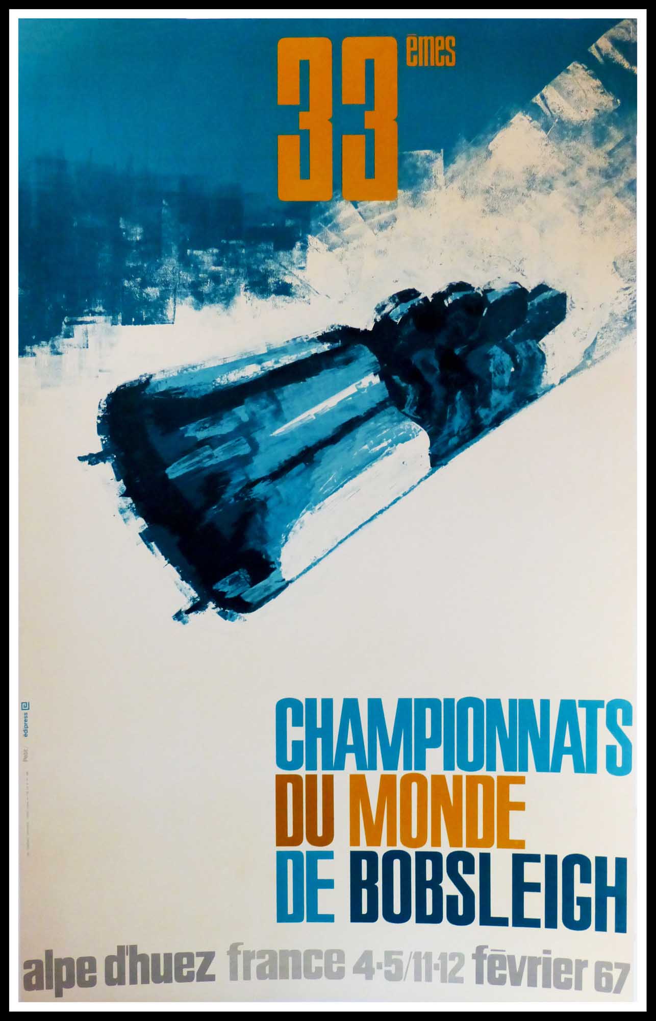 (alt="original vintage winter sport poster, 33ème championship bobsleigh, Alpe d'Huez, Mountain, ski, 1966, printed by Printer of Grenoble France")