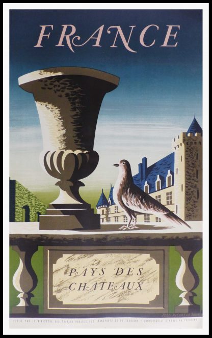 (alt="original vintage french travel poster, France country of Castles, signed in the lithography PICART LE DOUX, 1950")