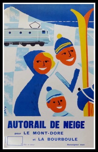 Affiche ancienne originale de sport d'hiver - Autorail de Neige pour le Mont Dore et la Bourboule - Auvergne - STIS 1958