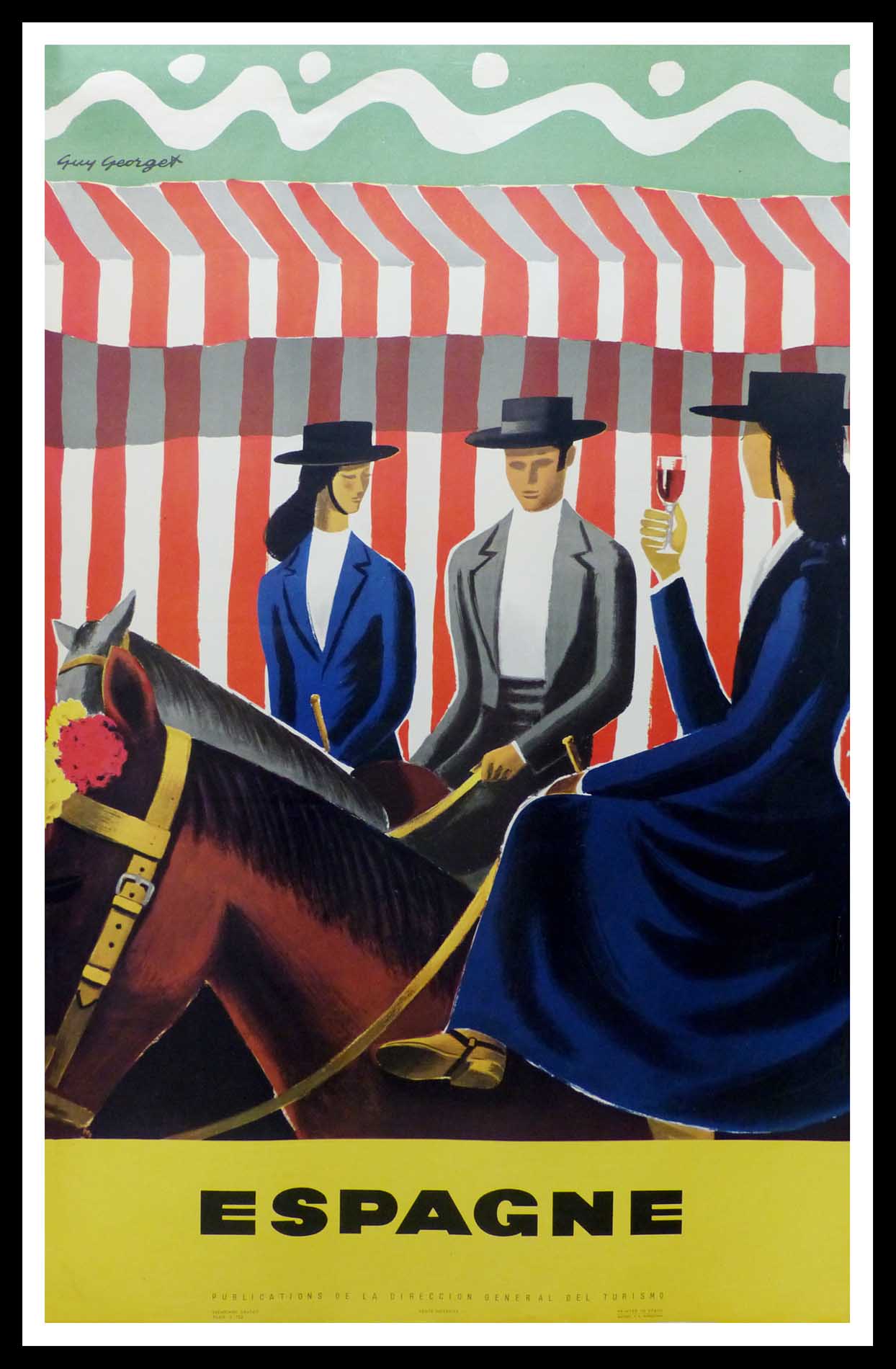 (alt="original vintage travel poster, SPAIN, 3 riders horses, signed in the plate Guy GEORGET, 1955")