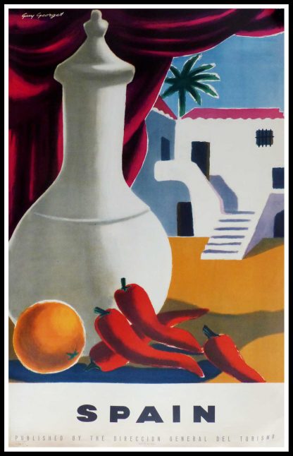 (alt="original vintage travel poster, SPAIN, signed in the plate Guy GEORGET printed by Fournier Vittoria 1951")