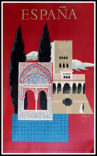 (alt="original vintage travel poster, SPAIN Grenade Alhambra, signed in the plate VILLEMOT, 1957 printed by Rieusset Barcelone")