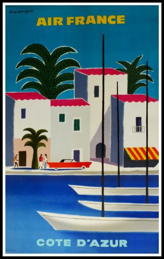 (alt="original vintage travel poster, Guy GEORGET, Air France côte d'azur, french rivieira, 1958, Imprimerie BEDOS")