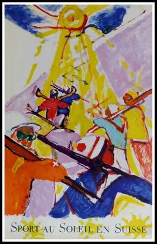 (alt="original vintage poster winter sport, sport au soleil Switzerland, signed in the plate Hans FALK 1957")