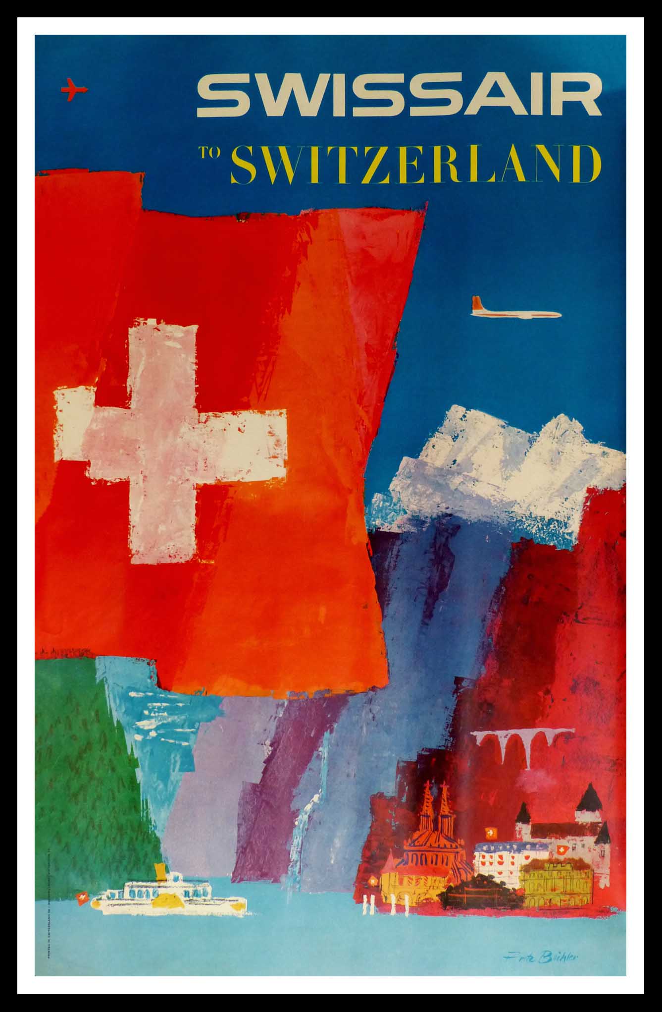 (alt="original vintage travel poster, Swiss Air to Switzerland Lac Leman, signed in the plate Fritz BÜHLER printed by Buchdruckerei Winterthur 1958")