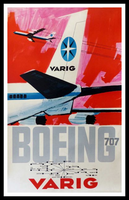 (alt="original vintage transportation poster, VARIG Boeing, Paris, New York, Buenos Aires, Brésil, circa 1950")