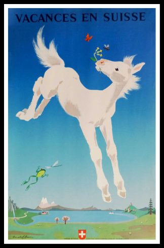 (alt="original vintage travel poster Switzerland, Vacances en Suisse, signed in the plate Donald BRUN, printed by Office central Suisse de Tourisme Zürich, 1949")