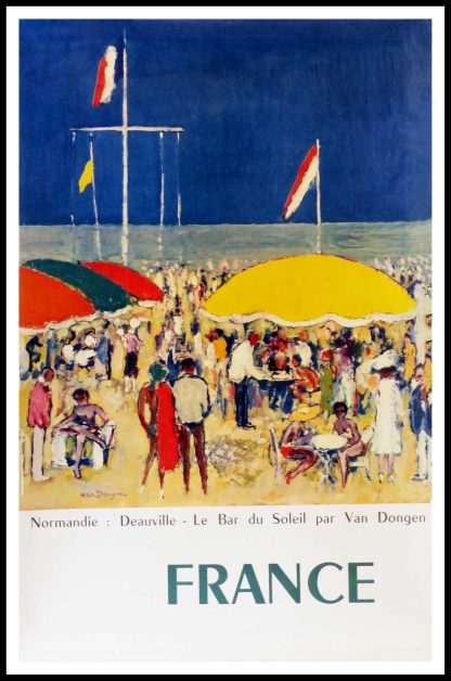 (alt="original vintage travel poster, Normandy Deauville, the beach, signed in the plate VAN DONGEN, printed by Braun & Cie, 1960")