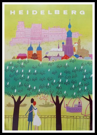 (alt="affiche ancienne originale de voyage, Heidelberg, Allemagne signée dans la planche H. Gütschow, imprimée Winterdruck Heidelberg, circa 1950")
