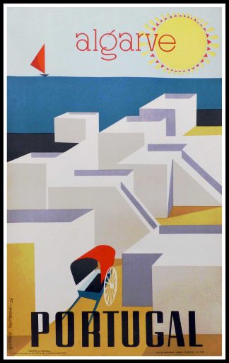 (alt="original vintage travel poster, Portugal, Algarve, Faro, signed in the plate Gustavo Fontoura, printed by Lito de Portugal Lisboa 1956")