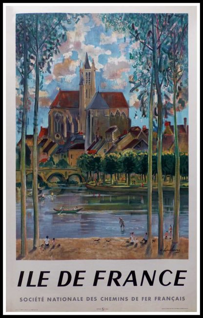 (alt="affiche ancienne originale de voyage, SNCF, Ile de France, signée dans la planche A. Rambourg, imprimée par Editions Paris, 1958")
