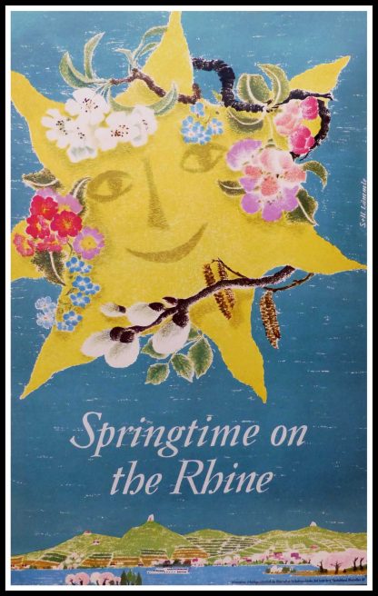 (alt="original vintage travel poster, springtime in the Rhine, signed in the plate S. H. LÄMMLE, printed by Druck A. Bagel, Düsseldorf, 1969")