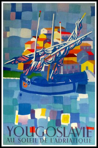 (alt="(affiche ancienne originale de voyage, Yougoslavie, Croatie, au soleil de l'Adriatique signée dans la planche Edo Murtic, 1953, Imprimerie GZH")