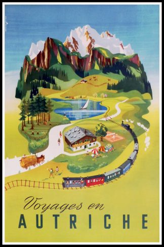 (alt="affiche ancienne originale de voyage, Voyages en Autriche, signée dans la planche Atelier KOSZLER, Imprimerie Wien Autriche, circa 1950")
