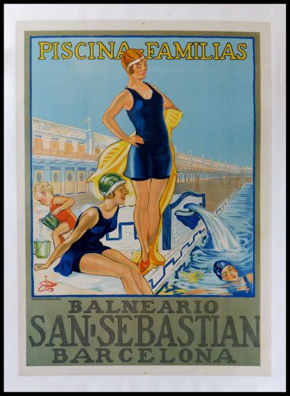 (alt-"Affiche ancienne originale de voyage - ESPAGNE - Piscina familia balneario San Sebastian Barcelona - Anonyme circa 1950")