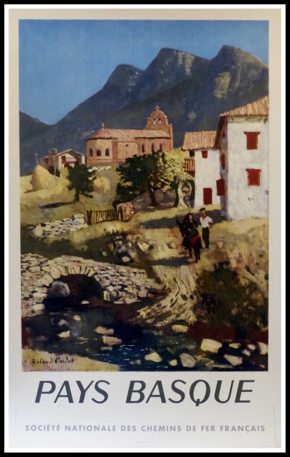 (alt="affiche ancienne originale de voyage, SNCF, Pays Basque, Roland OUDOT, 1951, signée dans la planche Imprimerie Perceval, 1951")